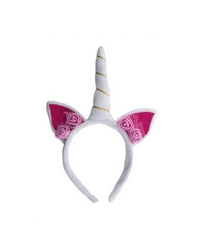 Pluche eenhoorn diadeem wit/roze met bloemetjes - verkleed accessoires eenhoorn haarband