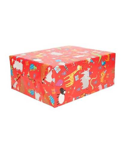 Inpakpapier verjaardag dieren rood - 70 x 200 cm - kadopapier / cadeaupapier