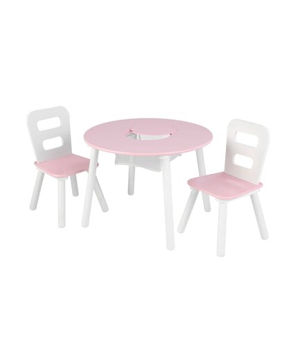 ronde opbergtafel en stoelen - wit/roze