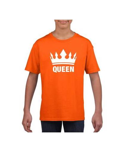 Oranje koningsdag queen shirt met kroon meisjes m (134-140)