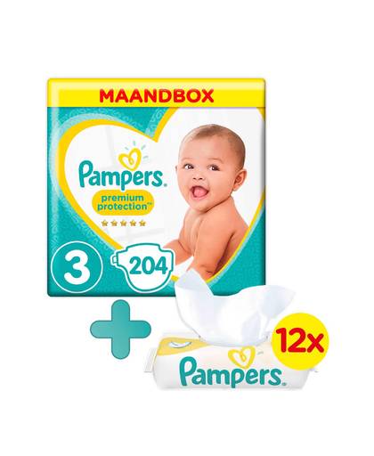 Premium Protection maandbox maat 3 (6-10 kg) 204 luiers + Sensitive babydoekjes