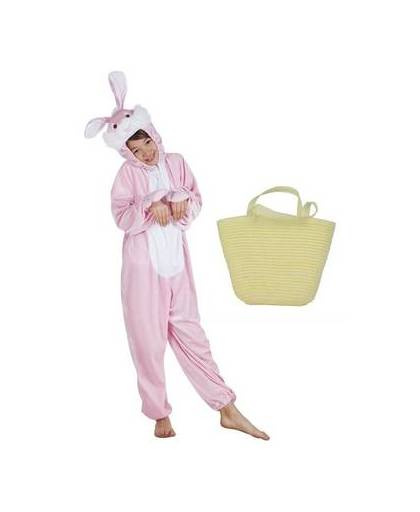 Paashaas roze verkleedpak maat 140 met mandje voor kinderen - konijn/haas kostuum