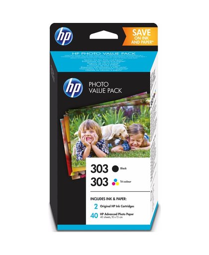 HP 303 foto value pack zwart/drie-kleuren en 40 vel 10 x 15 cm inktcartridge