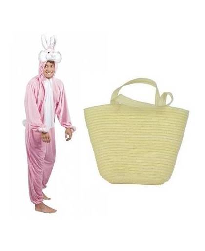 Paashaas verkleedpak roze met mandje voor volwassenen - konijn/haas kostuum