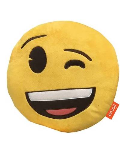 Emoji 3d pluche wink - sierkussen - 28 x 28 x 7 cm - geel