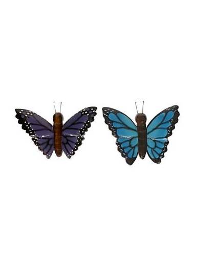 2x houten dieren magneten blauwe en paarse vlinder