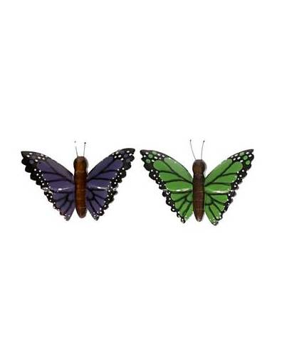 2x houten dieren magneten groene en paarse vlinder