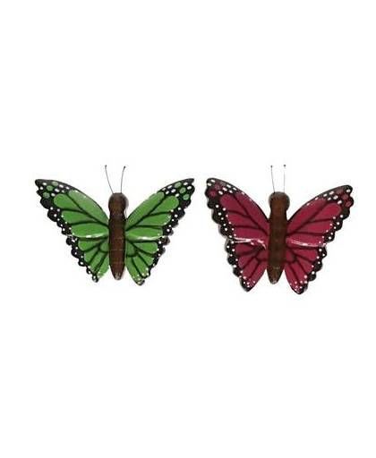 2x houten dieren magneten groene en roze vlinder