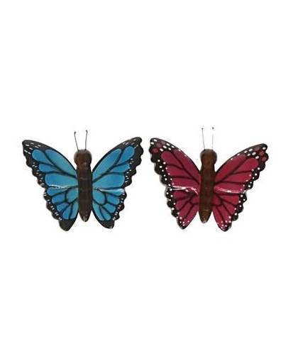 2x houten dieren magneten blauwe en roze vlinder