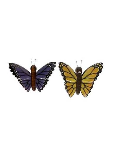 2x vlinder magneten geel en paars van hout