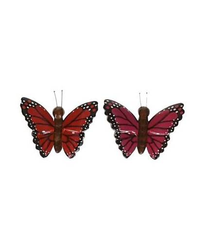 2x houten magneten vlinders rood en roze