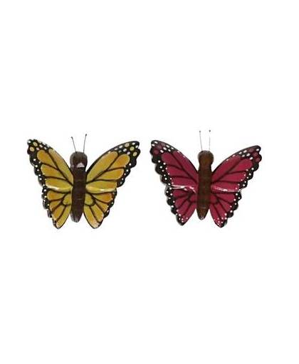 2x vlinder magneten geel en roze van hout
