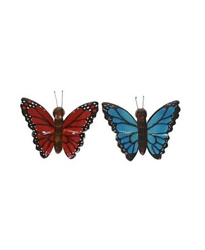 2x houten magneten vlinders rood en blauw