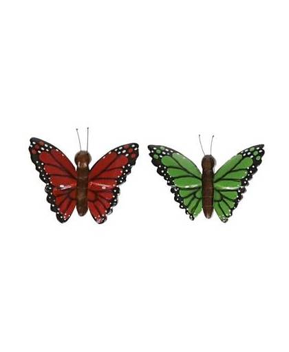 2x houten magneten vlinders rood en groen