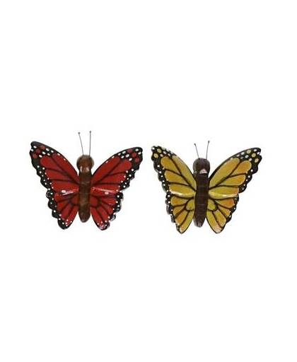 2x houten magneten vlinders rood en geel