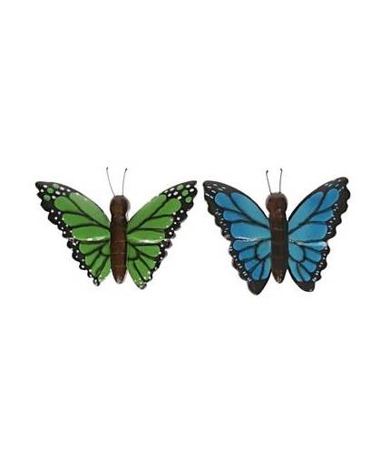 2x houten dieren magneten groene en blauwe vlinder