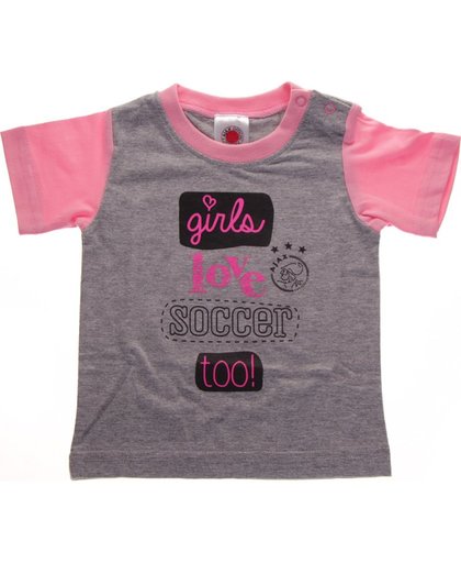 baby meisjes t-shirt roze: Girls love soccer too, maat 74/80