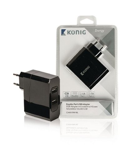 König - Netspanningsadapter - 2400 mA - 2 uitgangsaansluitingen (2 x USB) - zwart