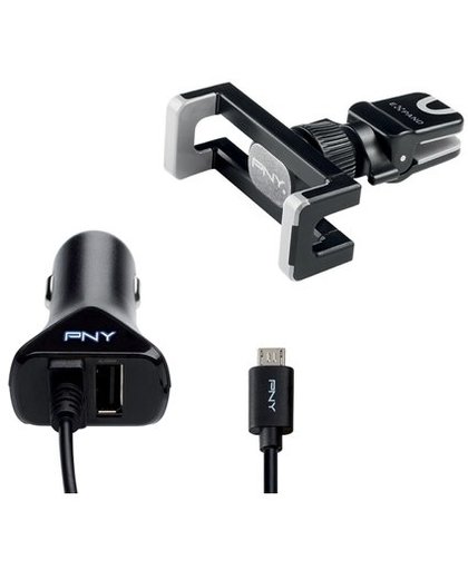 PNY The Road Kit - Stroomadapter voor auto - 17 Watt - 3.4 A - 2 uitgangsaansluitingen (USB, micro-USB type B)