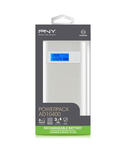 PNY PowerPack AD10400 - Mobiele oplader - 10400 mAh - 2.4 A - 3 uitgangsaansluitingen (USB) - op kabel: Micro-USB