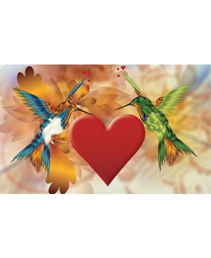 Fotobehang Birds Hummingbird Heart Flowers | XL - 208cm x 146cm | 130g/m2 Vlies