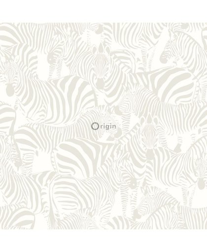 zijdedruk vlies behang zebra's zilver - 346836 van Origin - luxury wallcoverings uit Upstairs Downstairs
