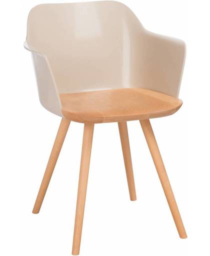 Duverger Scandinavian chair - Eetkamerstoel - set van 2 - met armleuning - naturel houten zit - beige kuip polypropyleen