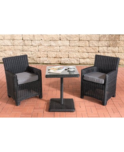Clp Wicker Poly rotan tuinset CARUSO. ALU frame (2 x stoel + tafel 60 x 60 cm) 5 mm ROND poly rotan - Rotan kleur zwart kleur hoes : ijzergrijs