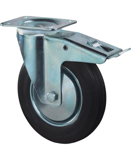 Kelfort Zwenkwiel, zwart rubber wiel met stalen velg en rollager + rem, 70kg m/rem 100mm