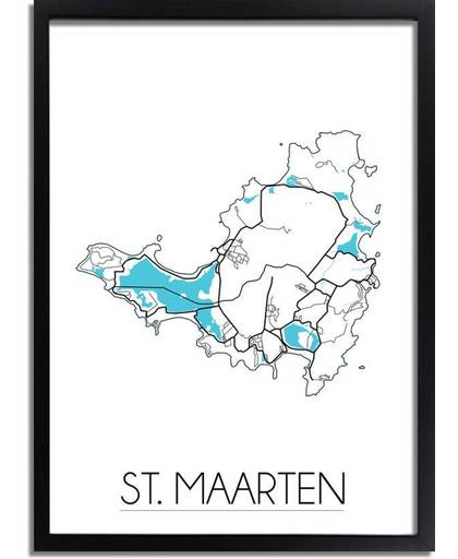 Plattegrond St. Maarten Landkaart poster DesignClaud - Wit - A2 + fotolijst zwart