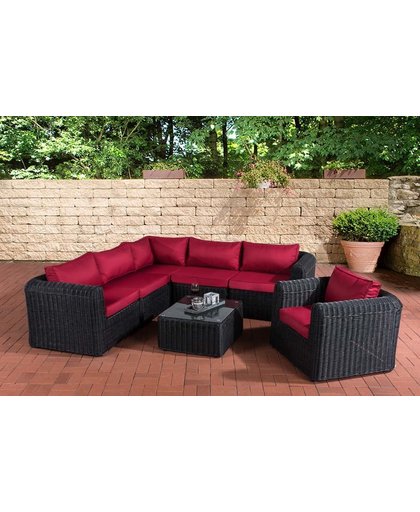 Clp Poly-rotan Wicker lounge tuin zitgroep MARBELLA, hoekbank, zetel, tafel 70 x 60 cm, kussens - kleur van rotan: zwart kleur hoes : robijnrood