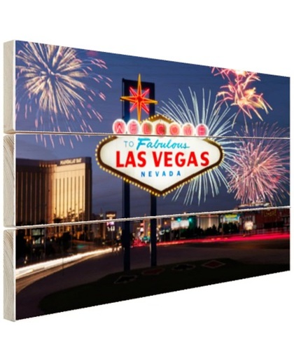 Las Vegas welkomsbord met vuurwerk Hout 120x80 cm - Foto print op Hout (Wanddecoratie)