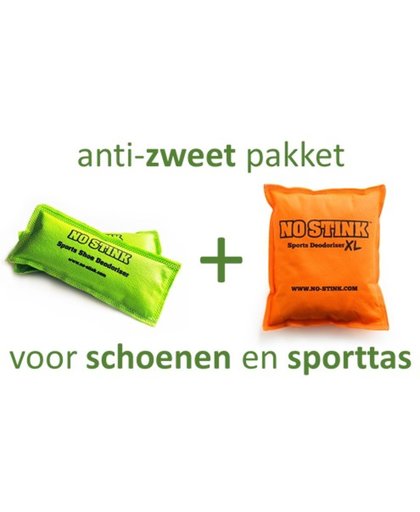 Sportschoenen anti-zweet pakket: 2-PACK No Stink geurzakjes (schoenen, groen) en  1x No Stink XL (sporttas, oranje).. Voor naar zweetvoeten stinkende sportschoenen.