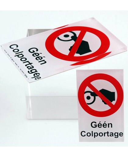 NEE Geen Colportage sticker bordje 5 jaar garantie Geen verkopers | bel niet aan sticker bordje geen collectes. Glas helder acrylaat. 80 mm x 50 mm x 4 mm.