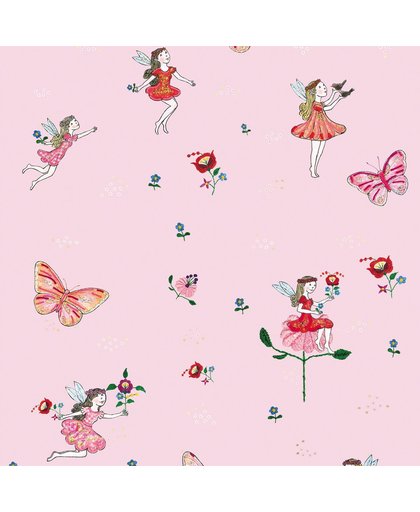 Digitaal behang - Butterfly girl - Hanneke de Jager - Roze/Multicolour - 50x900 cm