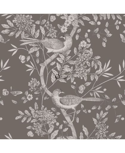 lijmdruk vlies behang vogel gravure donker grijs - 347436 van Origin - luxury wallcoverings uit Wunderkammer