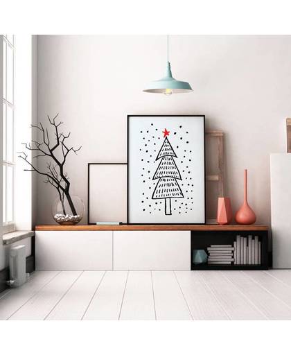 Kerst Poster Kerstboom handgetekend Designclaud - Zwart Wit - A3 + Fotolijst zwart
