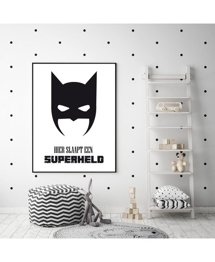 Kinderkamer poster - zwart wit - met tekst - hier slaapt een superheld