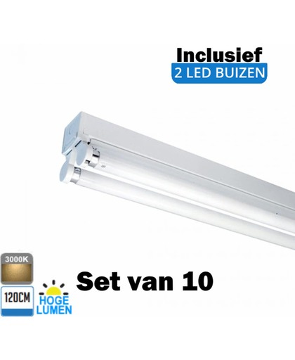 LED Buis armatuur 120cm - Dubbel | Inclusief Hoge Lumen LED buizen - 3000K - Warm wit (Set van 10 stuks)