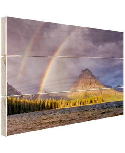 Dubbele regenboog over berg Hout 60x40 cm - Foto print op Hout (Wanddecoratie)