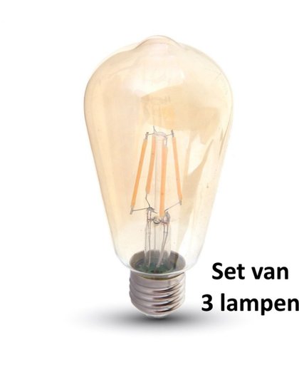 Retro LED lamp Amber glas| ø = 64mm  L = 138mm | 2200K Warm Wit | E27 4W vervangt 40W | Set van 3 stuks