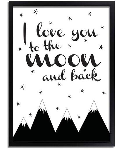 Kinderkamer poster I love you to the moon and back DesignClaud - Zwart wit - A4 + Fotolijst zwart
