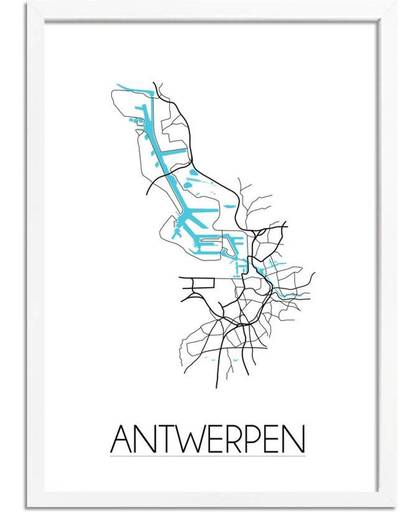 Plattegrond Antwerpen Stadskaart poster DesignClaud - Wit - A4 + fotolijst wit