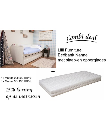 Lilli Furniture - Nanne bedbank met uitschuifbaar logeerbed en 2 lades - inclusief 2 koudschuimmatrassen - inclusief 2 lattenbodems -  90x200cm en 90x190cm - wit