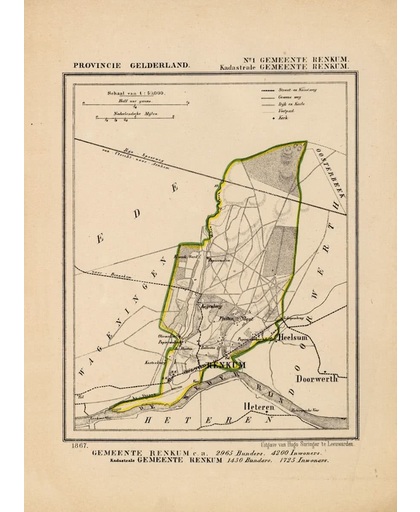Historische kaart, plattegrond van gemeente Renkum ( Renkum) in Gelderland uit 1867 door Kuyper van Kaartcadeau.com
