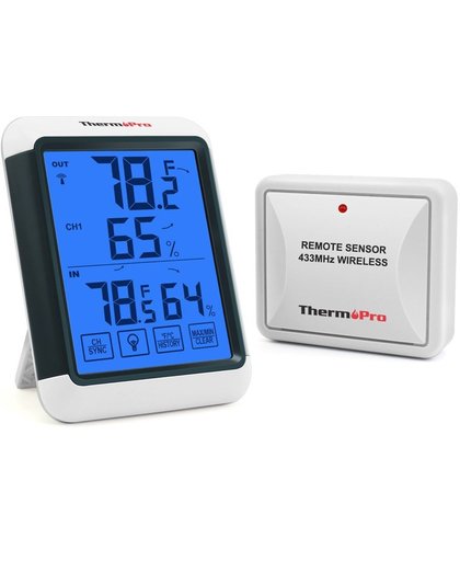 Digitale Thermometer voor Binnen & Buiten met Temperatuur- & Vochtigheidsmeter - TP65 Hygrometer Digitaal - Helder instelbaar LCD Scherm - Met Buitensensor 60M Bereik - Wit