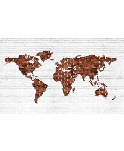 Fotobehang Brick Wall World Map | XXL - 312cm x 219cm | 130g/m2 Vlies