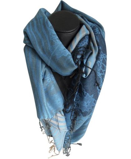 Mooie hippe sjaal van pashmina bloemen en strepen in de kleuren blauw creme zwart lengte 180 cm breedte 70 cm versierd met franjes