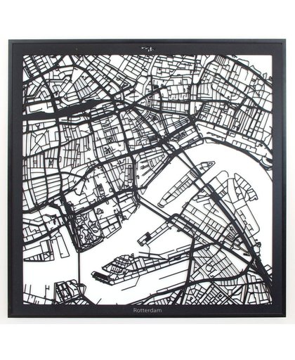 Stadskaart Rotterdam zwart hout - 61 x 61 cm - witte lijst