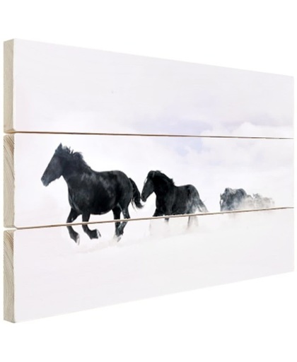 Zwarte paarden in de sneeuw Hout 60x40 cm - Foto print op Hout (Wanddecoratie)